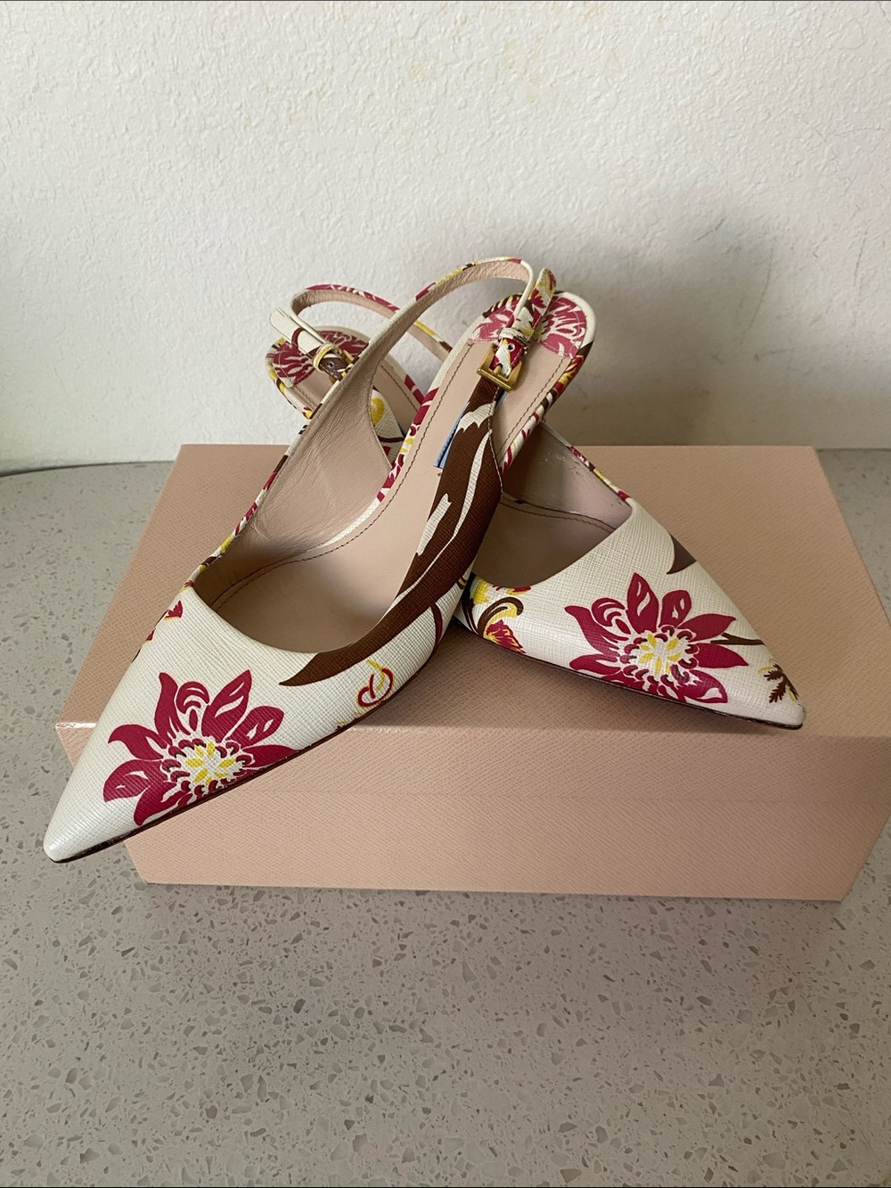 Prada Cream Floral Pointed-Toe Slingback Pumps with Pink Flowers